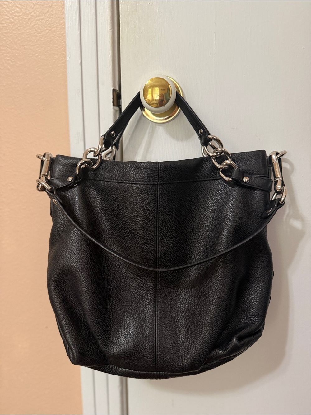 Coach Black Pebbled Leather Shoulder Bag with Chain Details - Picture 10 of 11